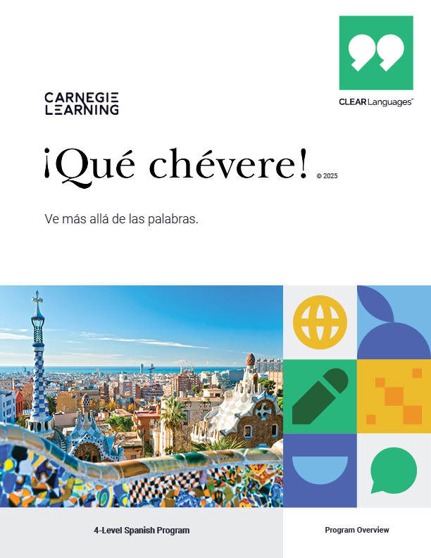Cover of the ¡Qué chévere! Spanish program overview brochure. Features a vibrant cityscape with colorful architecture and geometric shapes, including a globe and microphone icon. Text reads Ve más allá de las palabras and 4-Level Spanish Program. Cover of the ¡Qué chévere! Spanish program overview brochure. Features a vibrant cityscape with colorful architecture and geometric shapes, including a globe and microphone icon. Text reads Ve más allá de las palabras and 4-Level Spanish Program.